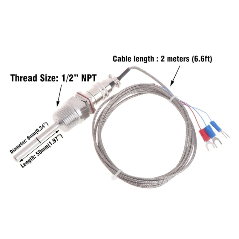 Sensor RTD Pt100 L 5cm Rosca NPT de 1/2 " 3 Hilos 2 Metros